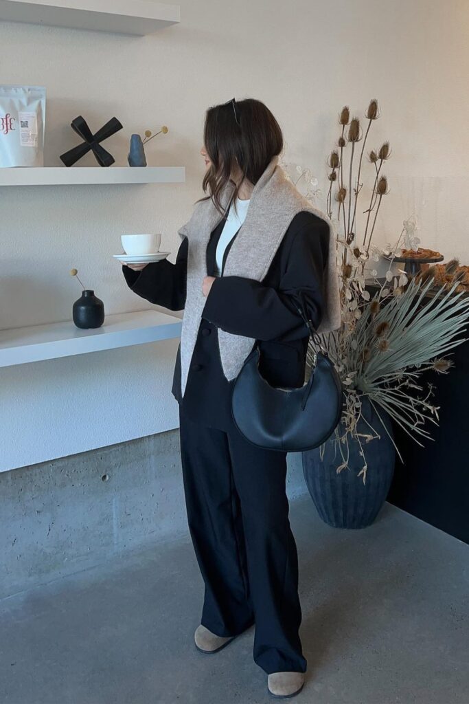 Black Coat and Wide-Leg Trousers