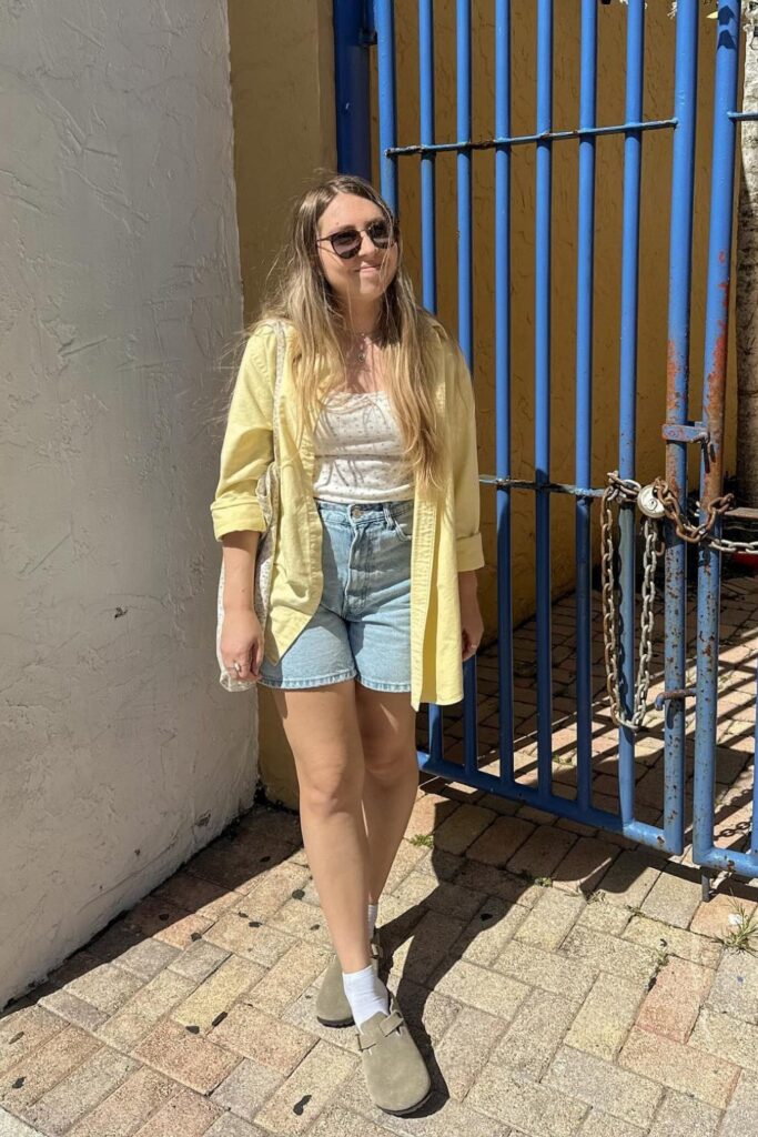 Yellow Shirt and Denim Shorts