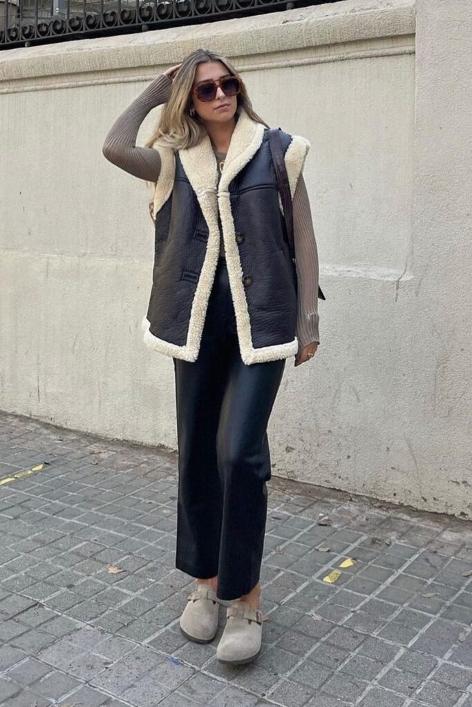 Leather Vest and Wide-Leg Trousers