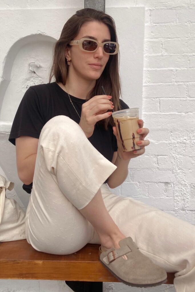 Black Tee and Cream Pants