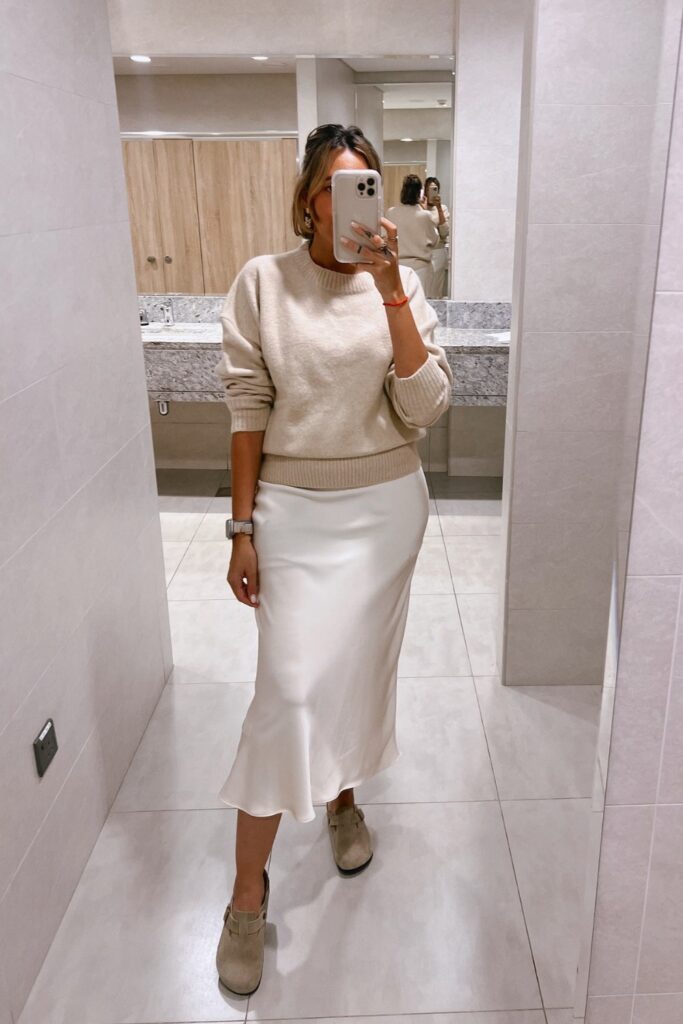 Ribbed Sweater and Silk Skirt