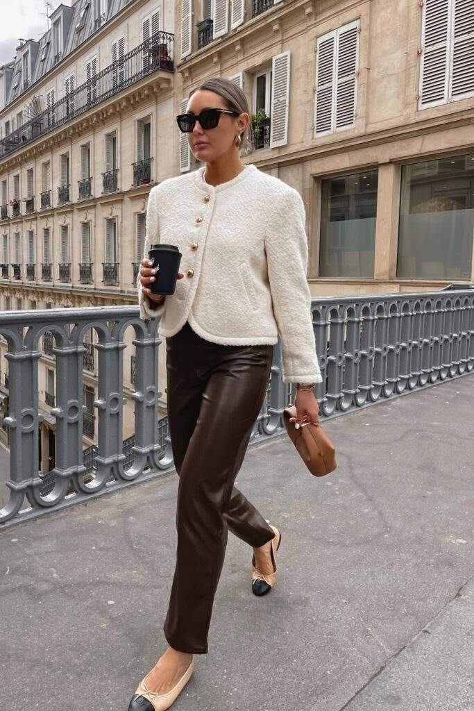 Cropped Jacket and Brown Leather Pants