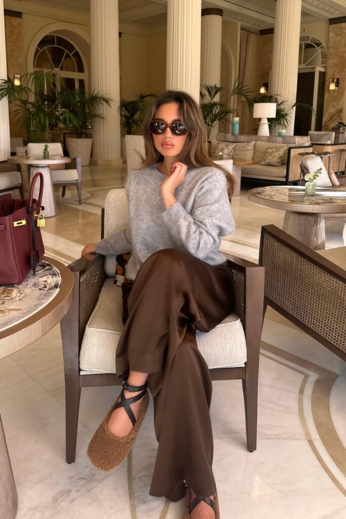 Oversized Gray Sweater and Brown Trousers