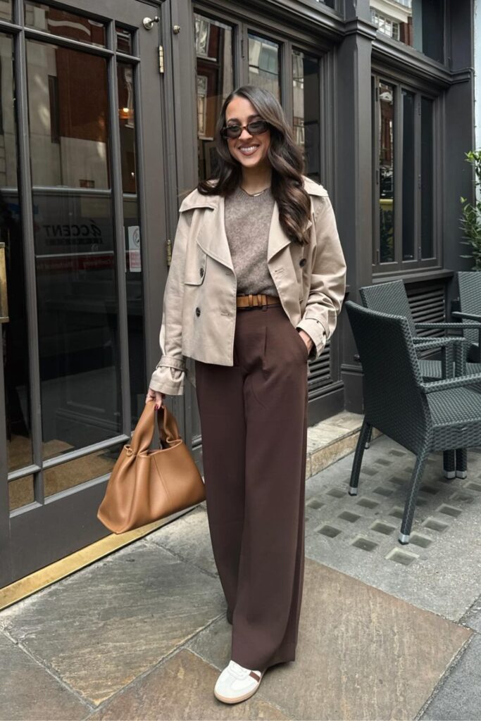 Layering Beige Pieces and Brown Trousers