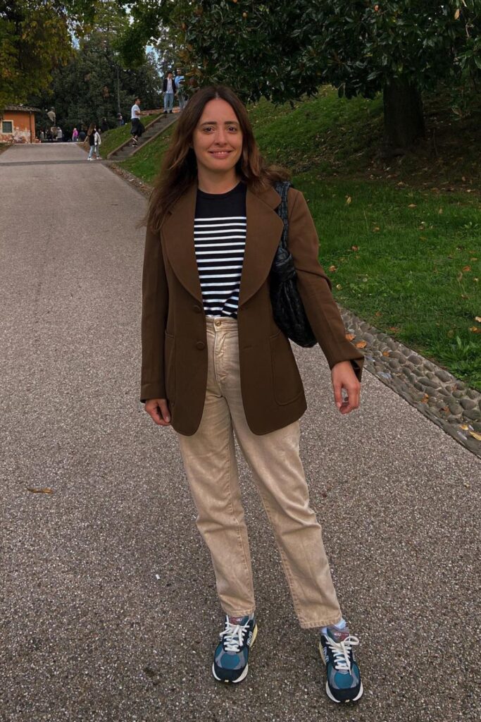 Striped Top, Brown Blazer and Beige Pants