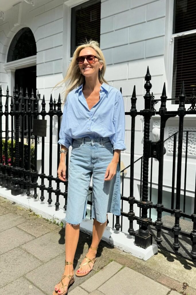 Light Blue Button-Up and High-Waisted Shorts