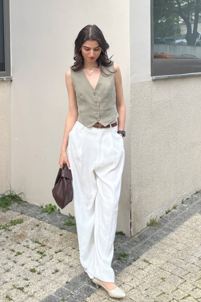 Sage green buttoned vest, white wide-leg trousers, brown leather belt, and beige kitten heels