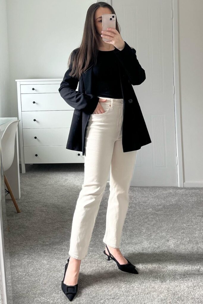 Black t-shirt, white jeans, black blazer coat, and black kitten heels