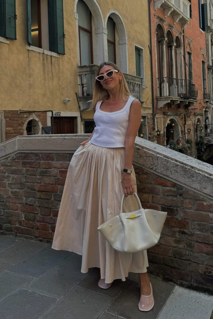 White Sleeveless Tank Top and Beige Maxi Skirt