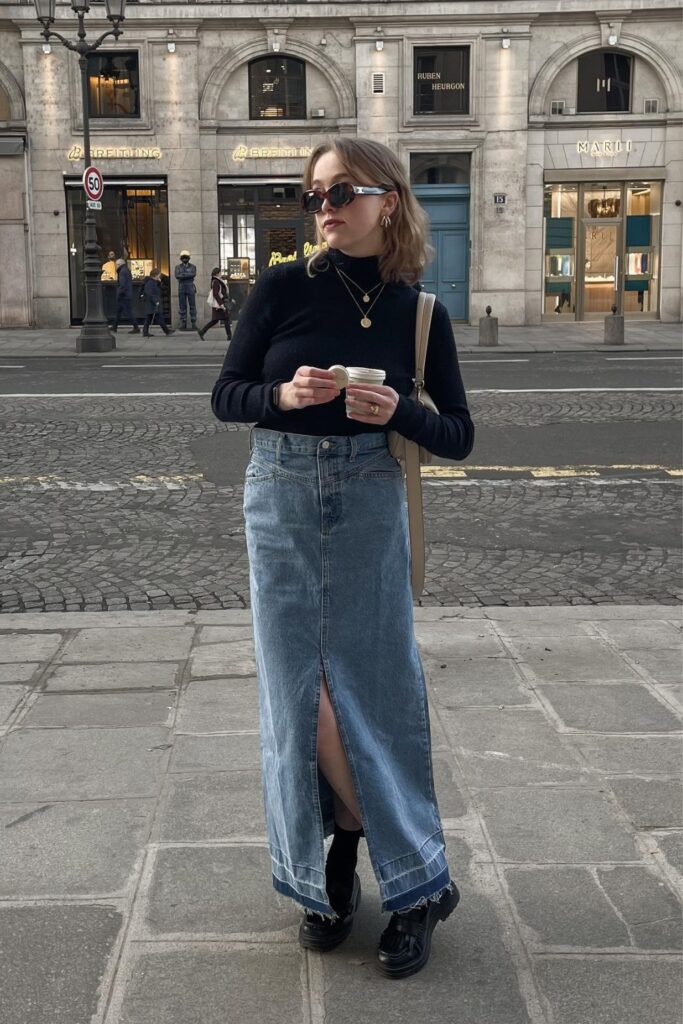 Turtleneck and Denim Maxi