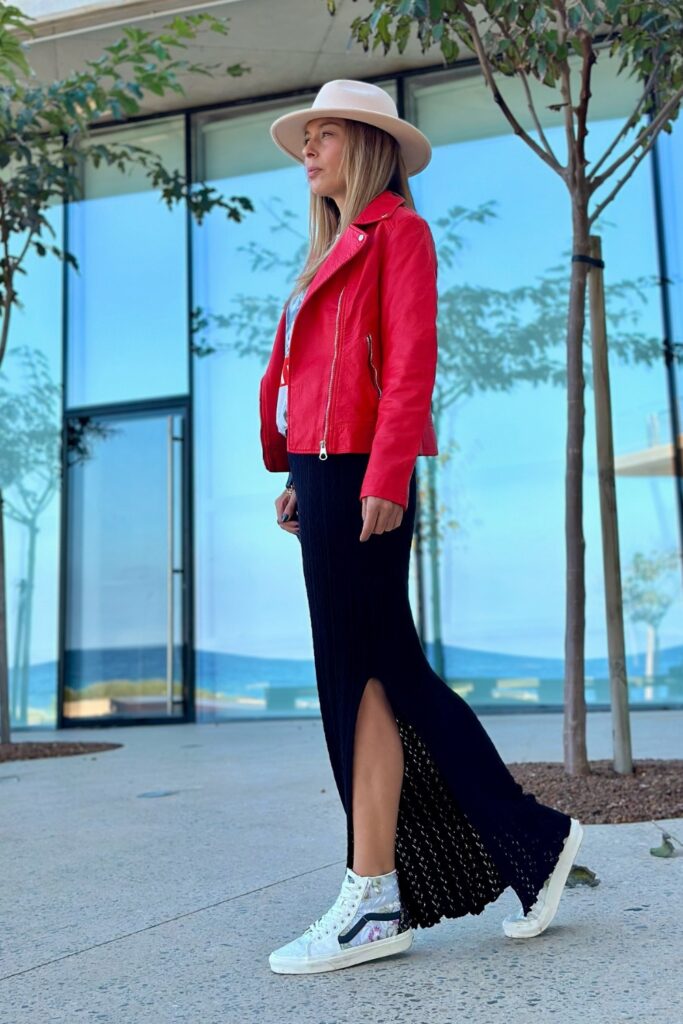 Red Leather Jacket, White T-Shirt, and Black Maxi Skirt