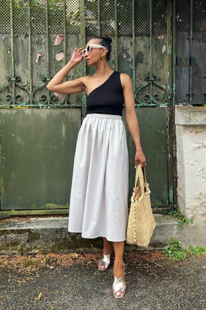 Black One-Shoulder Top and White Midi Skirt