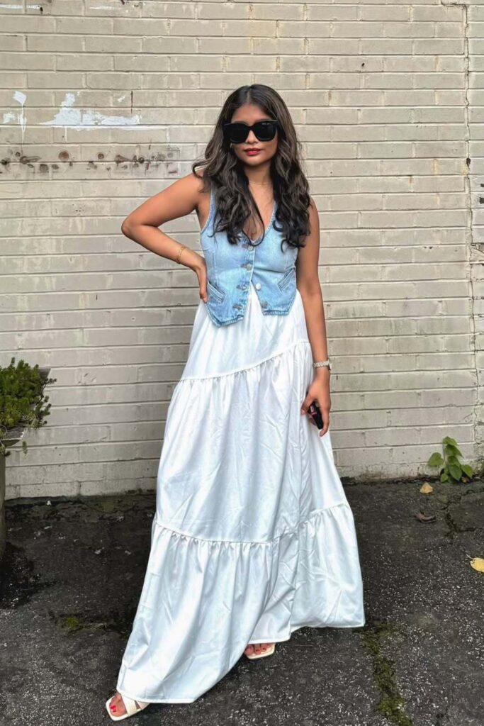 Denim Vest Over White Maxi