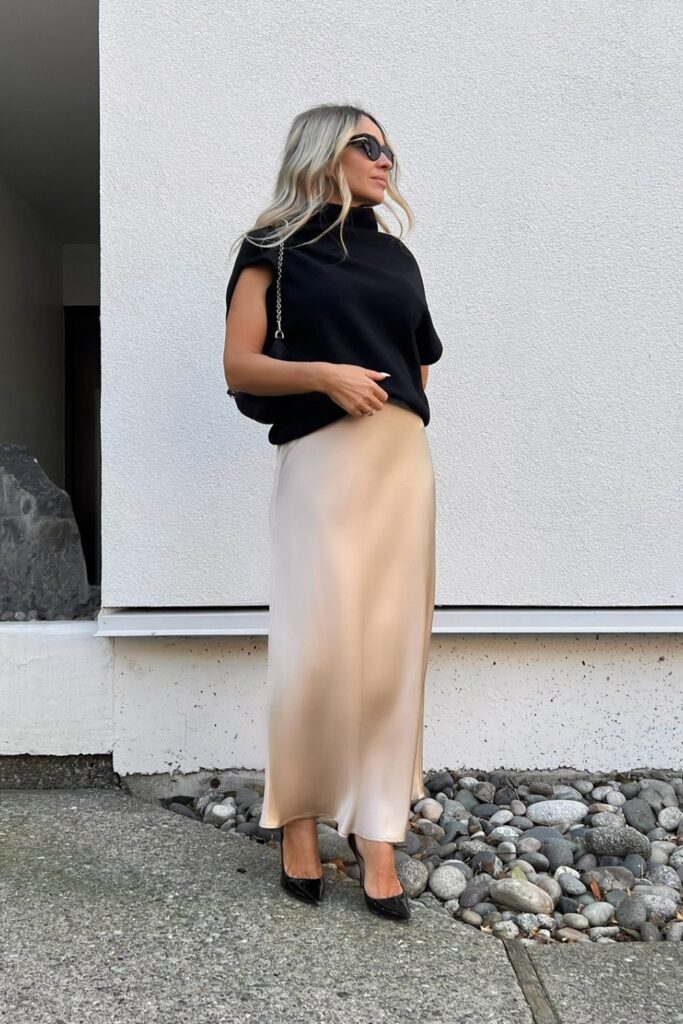 Turtleneck and Satin Skirt