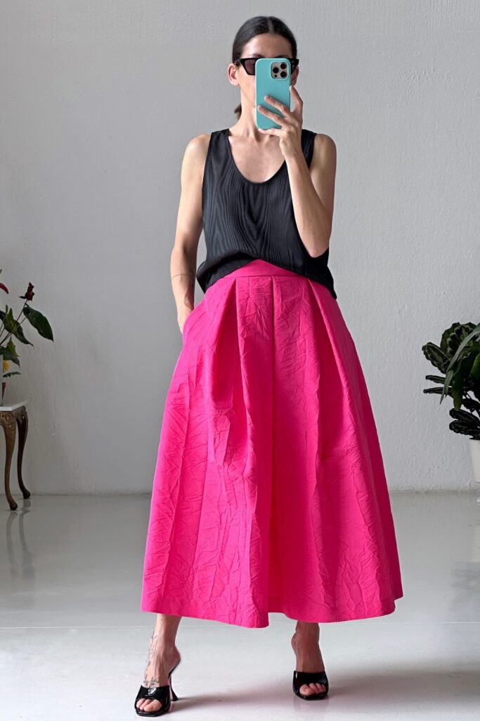 Black Ribbed Tank Top and Hot Pink Voluminous Midi Skirt