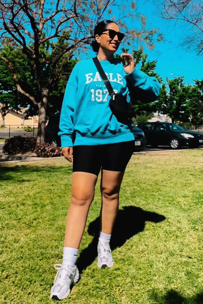 Blue Sweatshirt and Biker Shorts