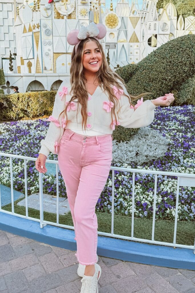 White Cardigan and Pink Jeans