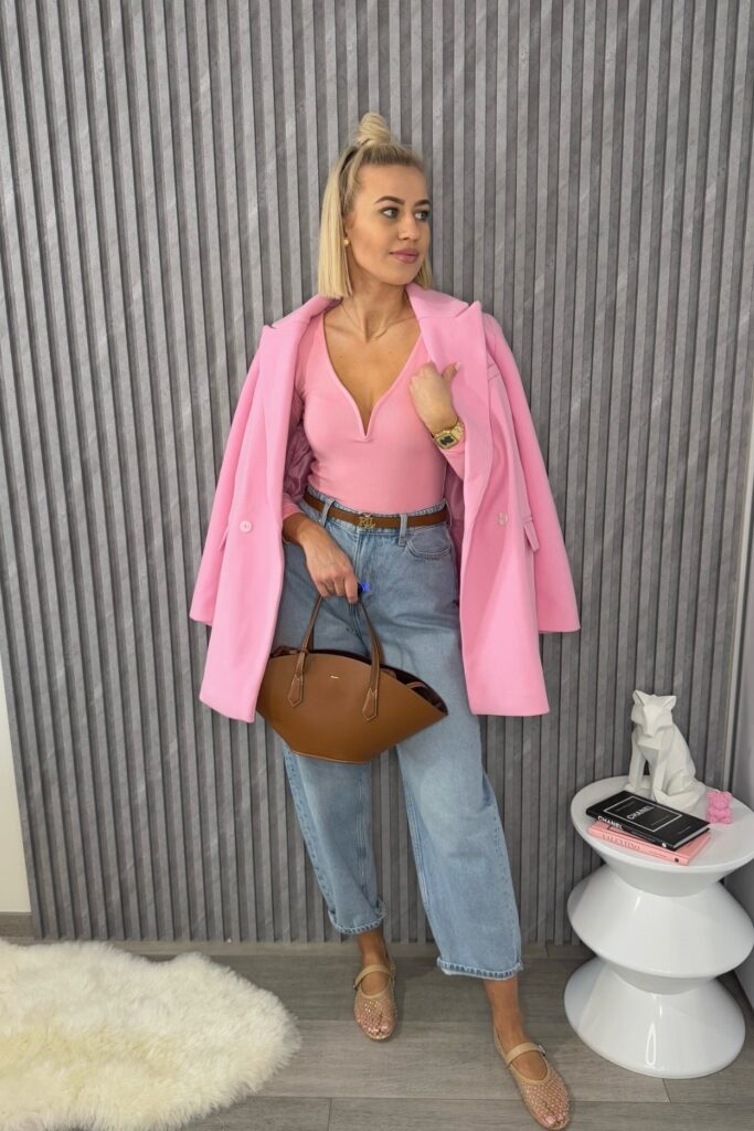 Pink Bodysuit and Mom Jeans