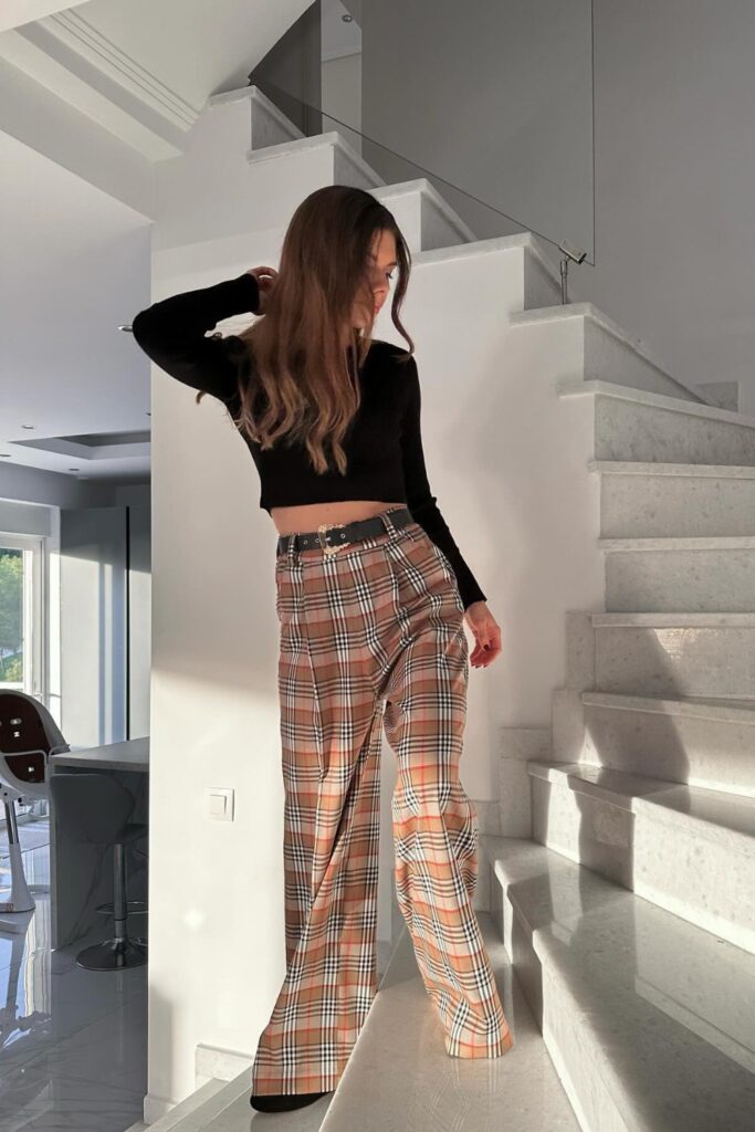 Black Long-Sleeve Crop Top, Beige Plaid Wide-Leg Pants and Black Leather Belt