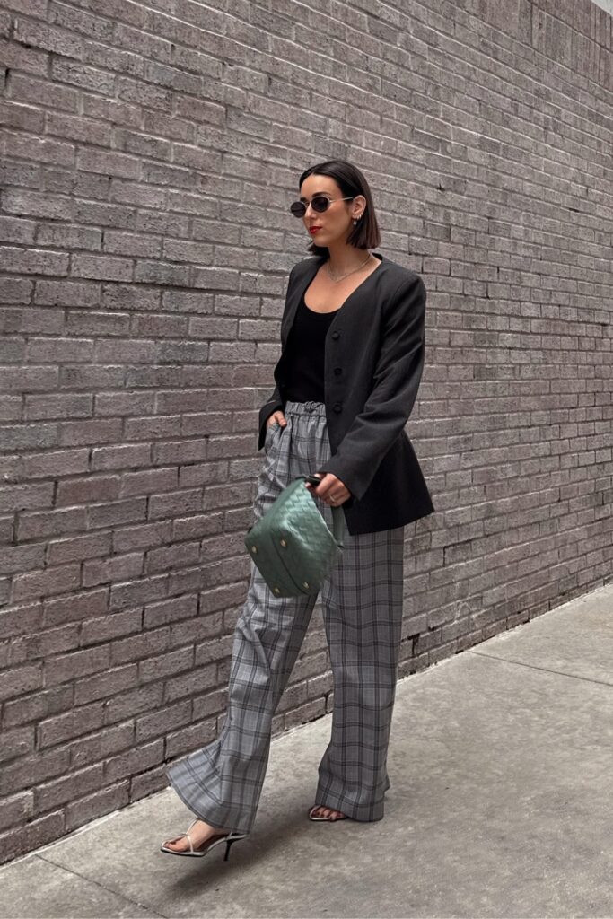 Black Blazer, Black Scoop Neck Top and Gray Plaid Wide-Leg Trousers