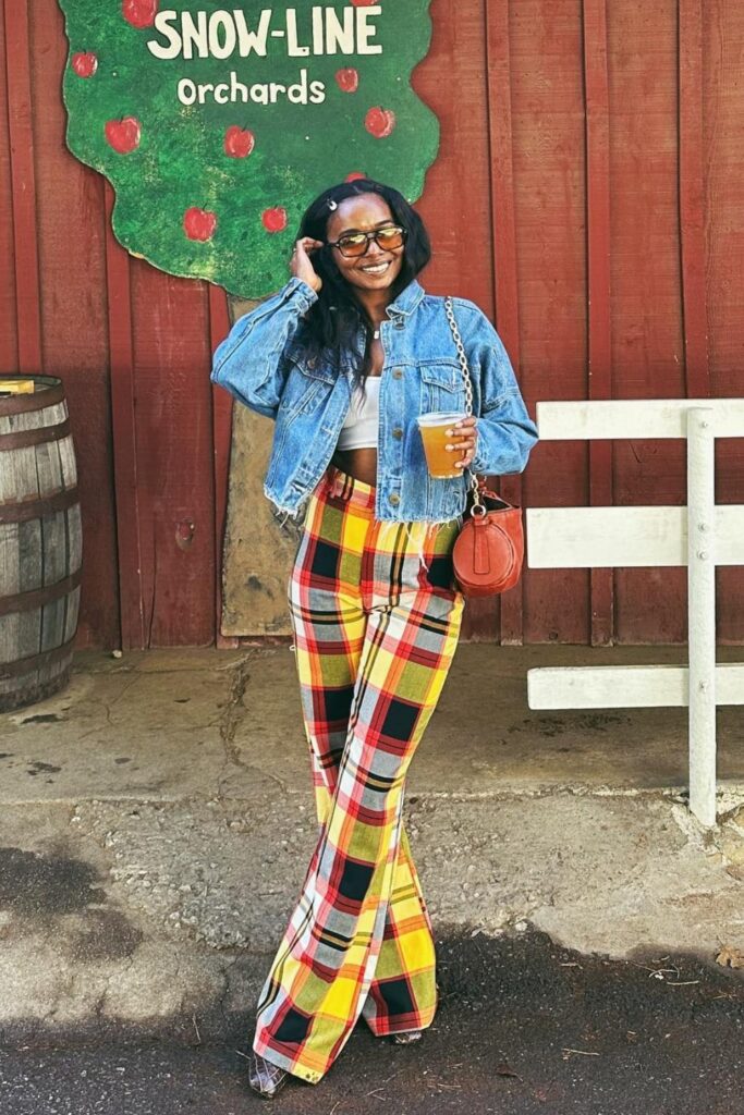 Blue Denim Jacket, White Crop Top and Yellow Plaid Wide-Leg Pants