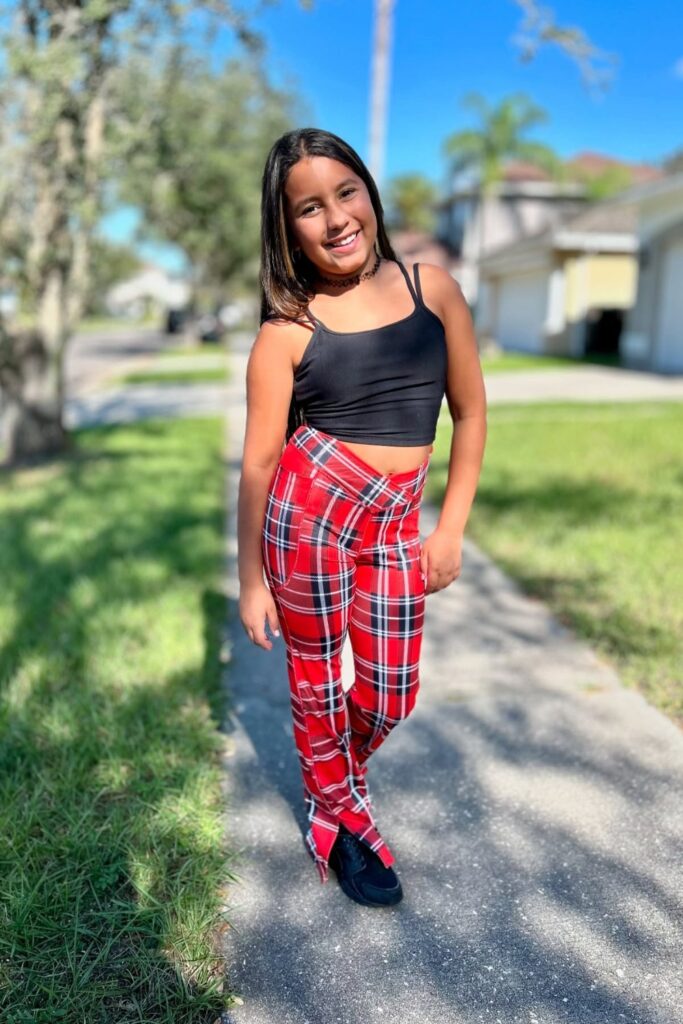 Black Spaghetti Strap Crop Top, Red Plaid Wide-Leg Pants and Black Platform Shoes