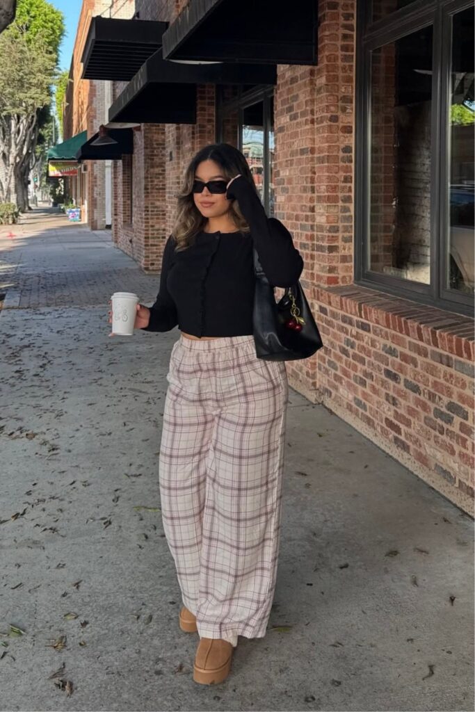 Black Long Sleeve Top, Beige Plaid Wide-Leg Pants and Tan UGG Boots