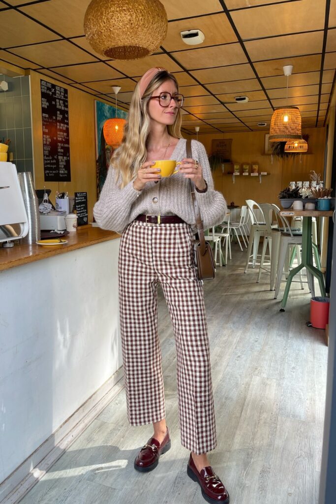 Cream Ribbed Cardigan, Brown Gingham Wide-Leg Pants and Burgundy Loafers