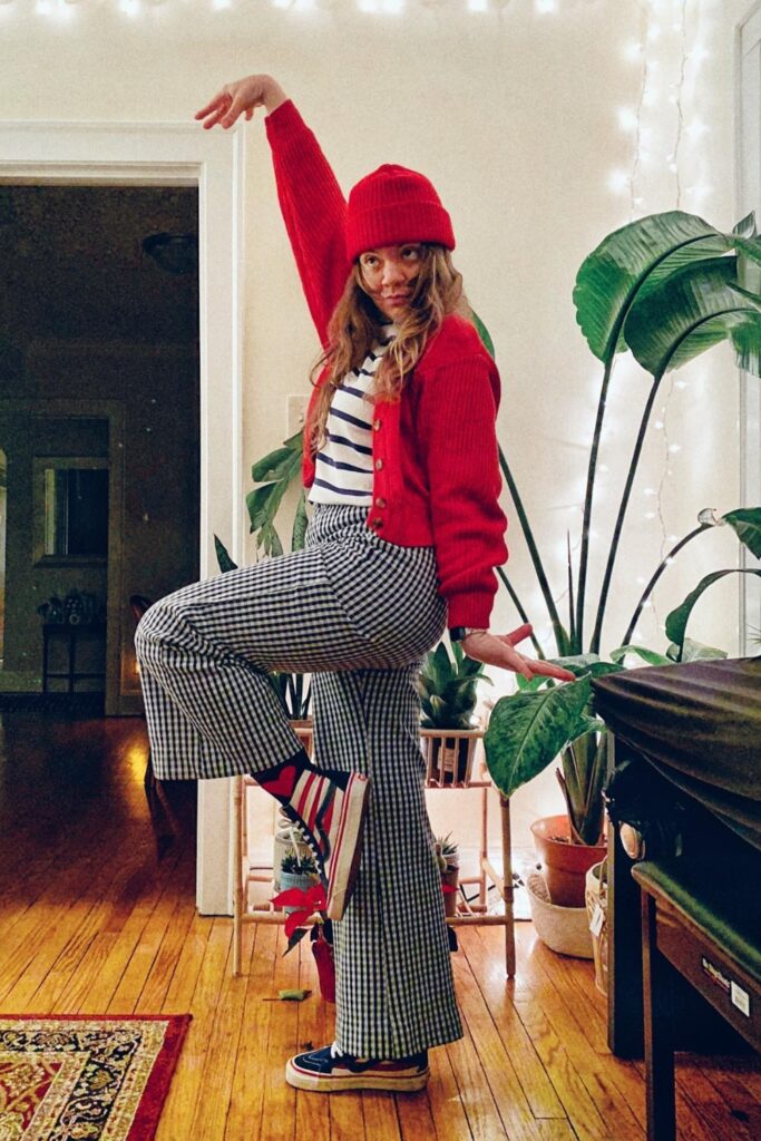 Red Knit Cardigan, Striped Long Sleeve Top and Black Gingham Wide-Leg Pants