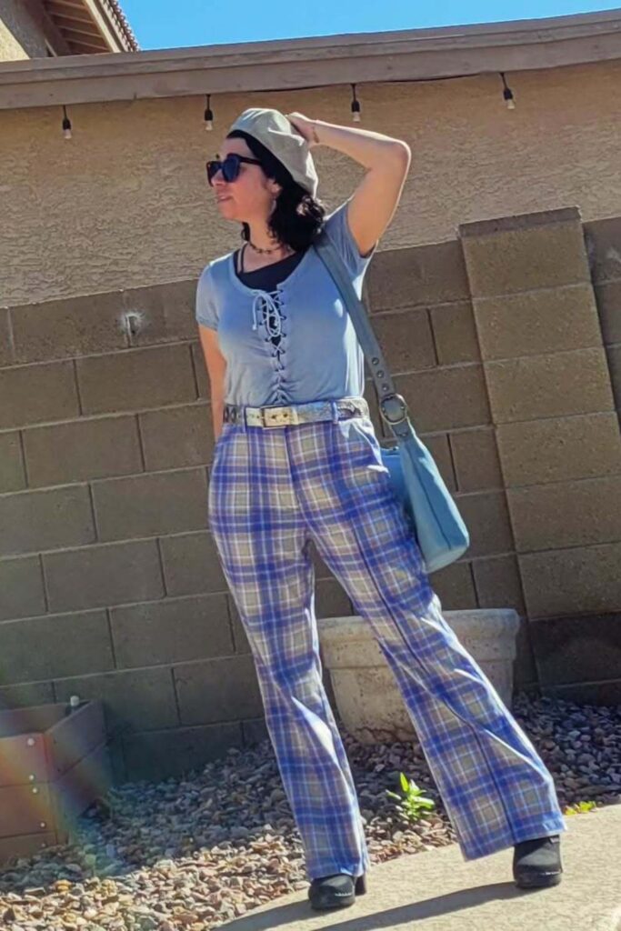 Light Blue T-Shirt and Blue Plaid Wide-Leg Pants