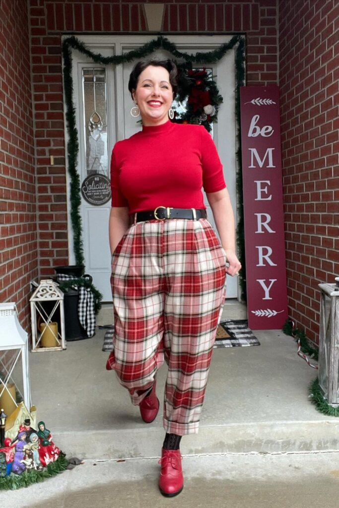 Red Mock Neck Top, Red Plaid Wide-Leg Pants, Black Belt and Red Oxford Shoes