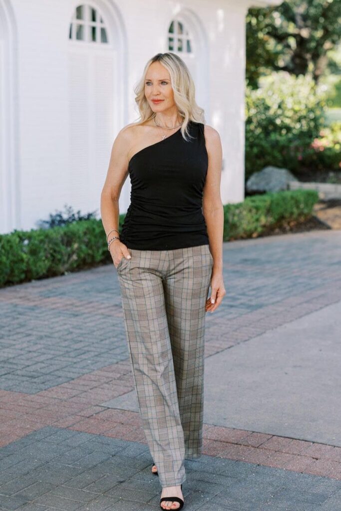 Black One-Shoulder Top, Beige Plaid Wide-Leg Trousers and Black Open-Toe Sandals