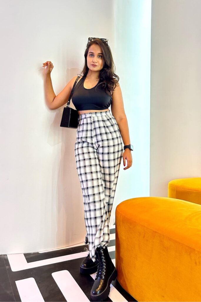 Black Crop Top, White Plaid High-Waisted Trousers and Black Platform Combat Boots