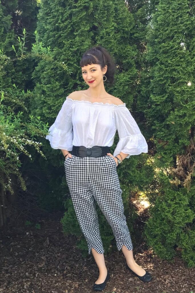 White Off-Shoulder Blouse, Black and White Gingham Capri Pants and Black Flats