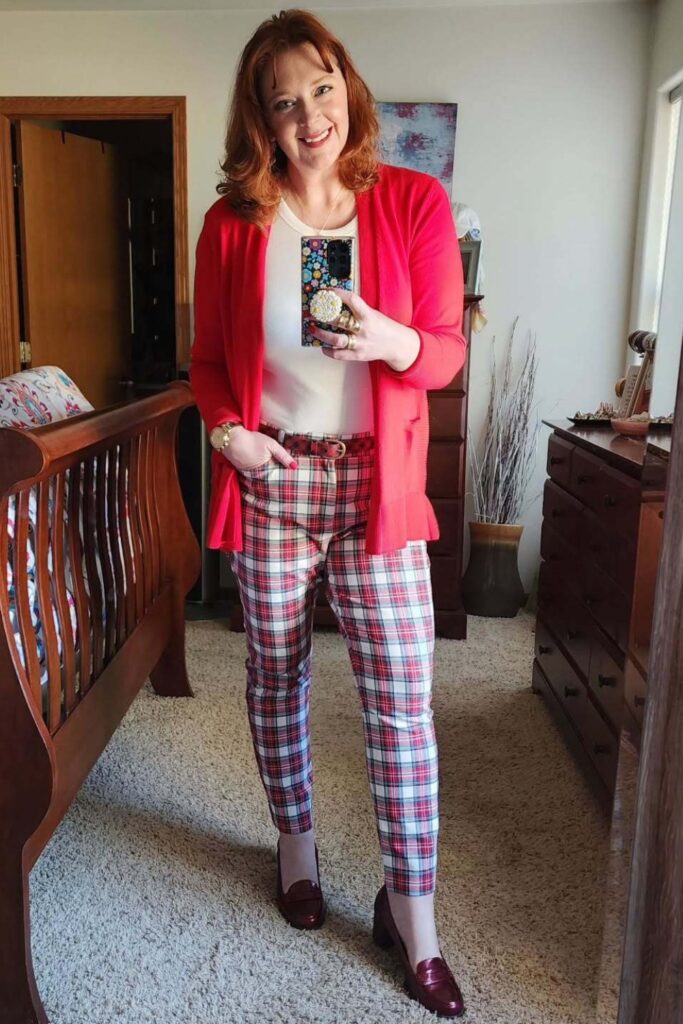 Long Red Cardigan, White Top and Pink Plaid Pants