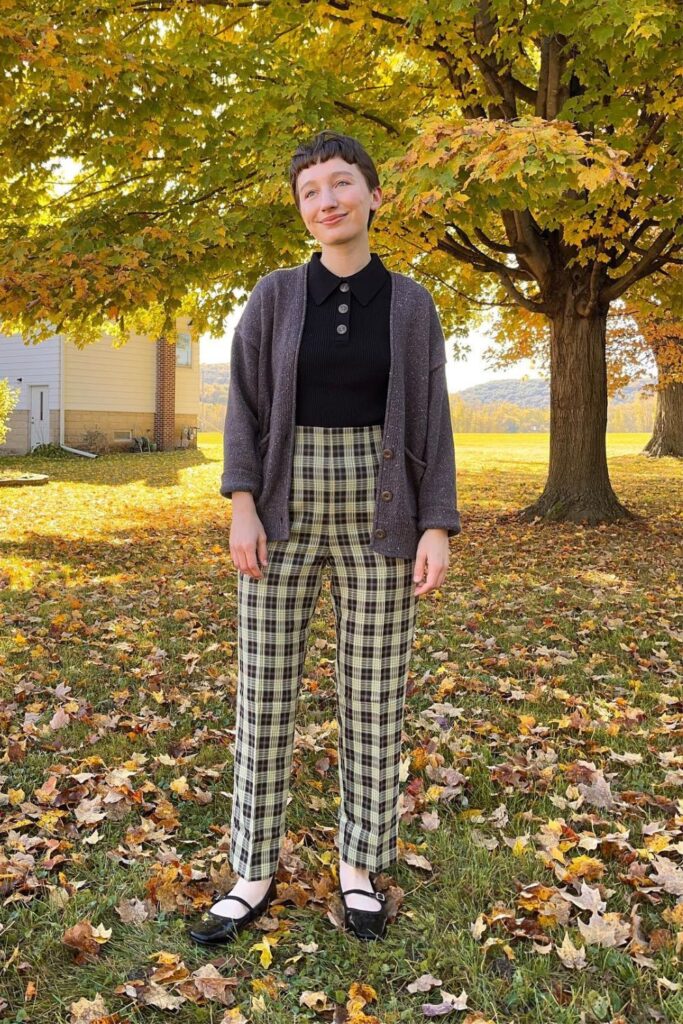 Black Polo Neck Top, Gray Plaid Trousers, Gray Cardigan and Black Mary Janes