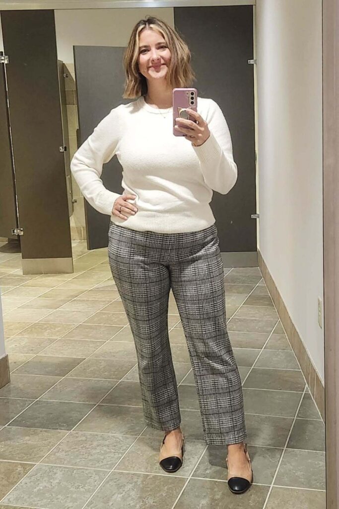 White Crewneck Sweater, Gray Plaid Trousers and Two-Tone Flats