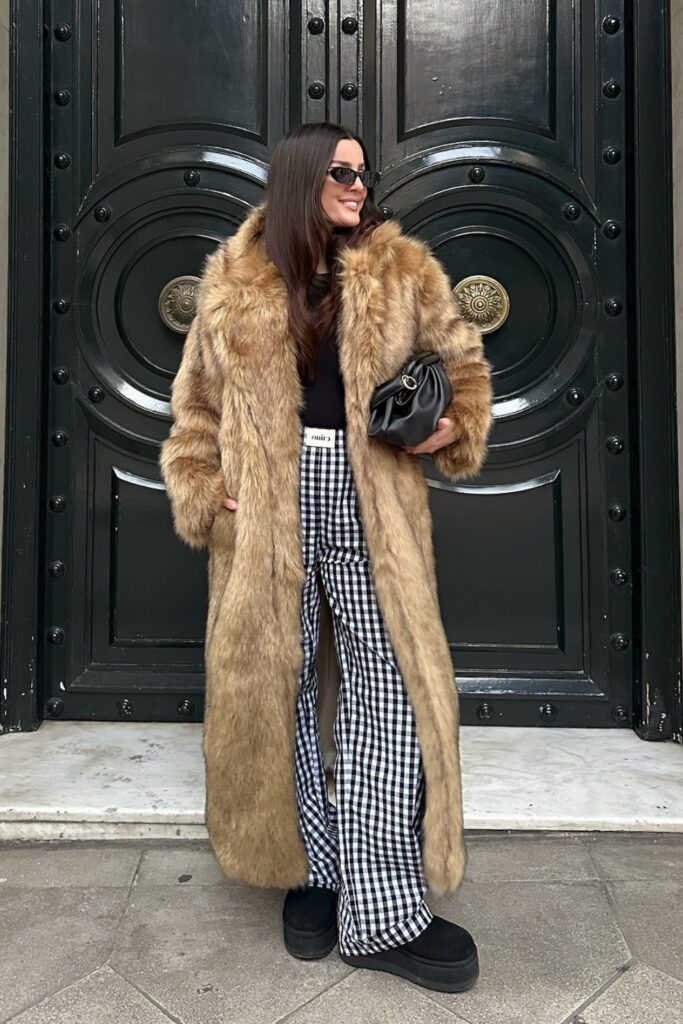 Tan Faux Fur Coat, Black Top and Black and White Gingham Pants