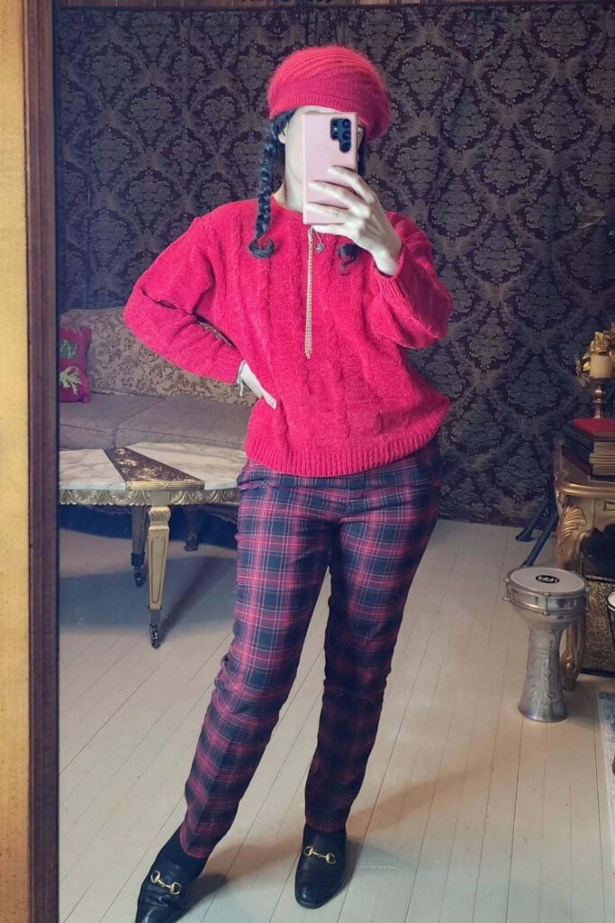 Red Knit Sweater and Pink Plaid Pants