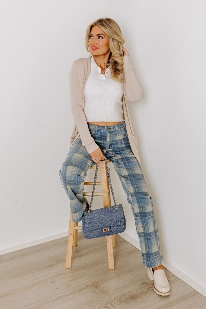 Beige Long Cardigan, White Cropped Polo, Blue Plaid Pants and White Loafers