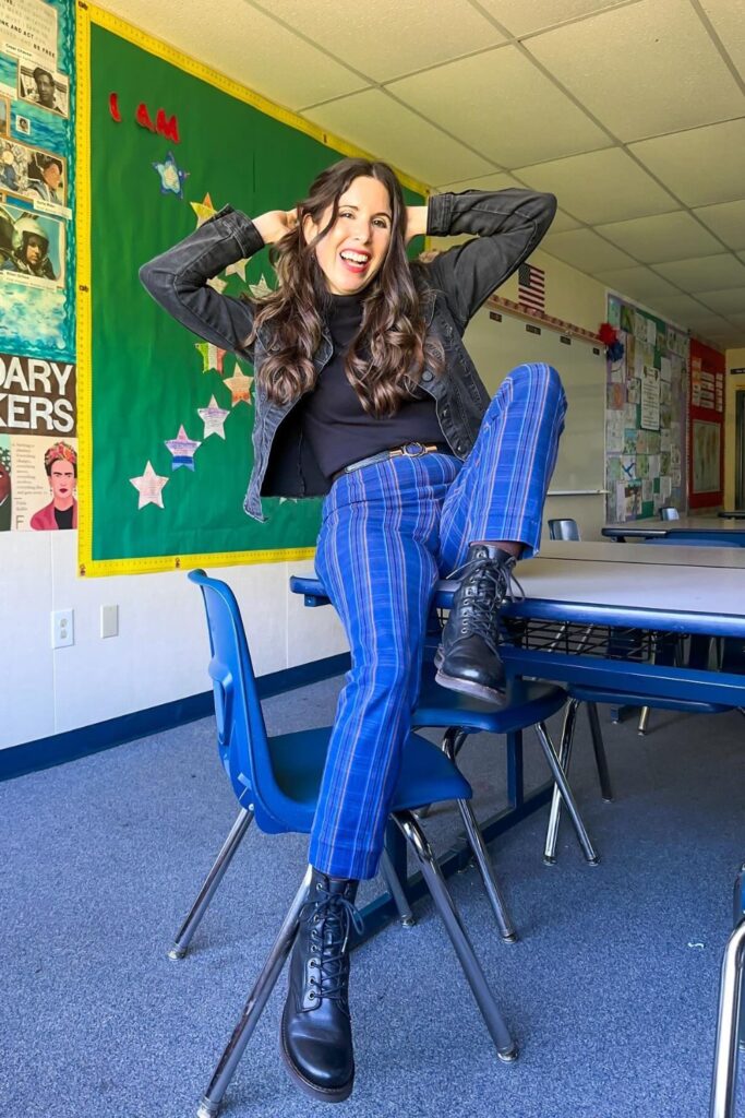 Black Leather Jacket, Black Turtleneck, Blue Striped Pants and Combat Boots