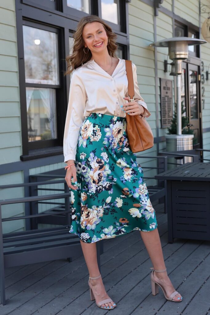 Button-Up Blouse & Floral Midi Skirt