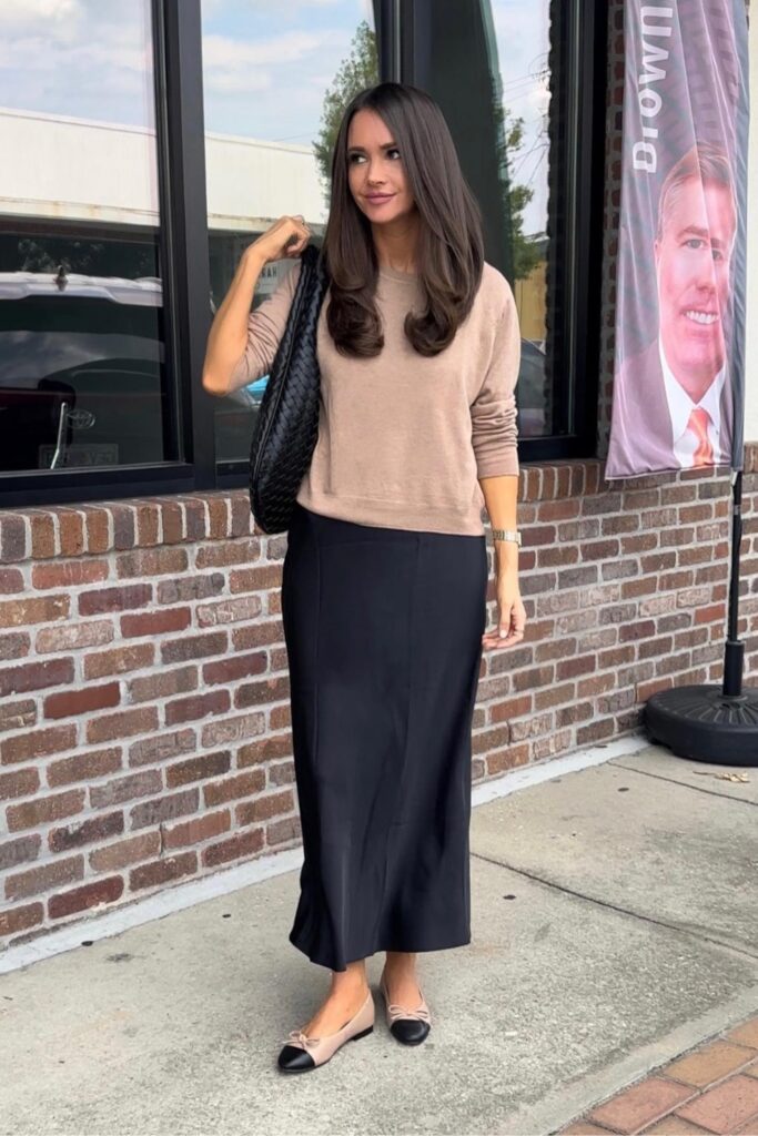 Beige Long-Sleeve Sweater & Black Maxi Skirt