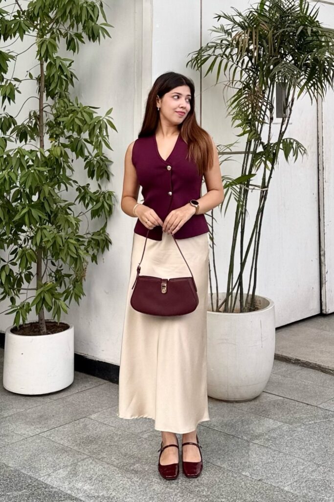 Burgundy Button-Up Vest & Cream Maxi Skirt