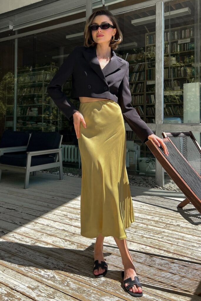 Black Cropped Blazer & Yellow Midi Skirt