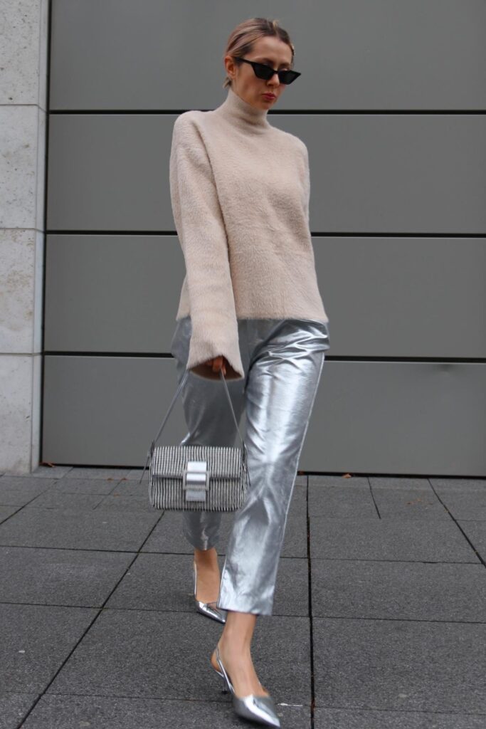 Fuzzy Sweater and Metallic Pants