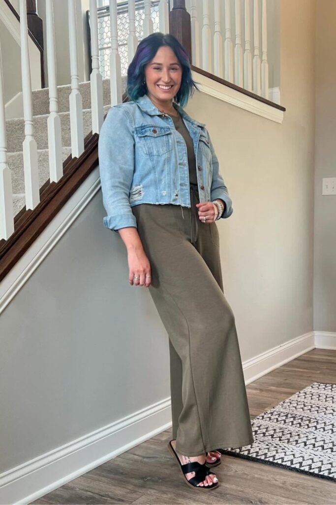 Denim Jacket with Olive Jumpsuit 