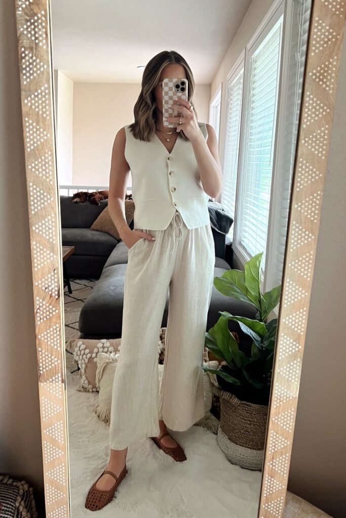 Cream Vest with High-Waisted Pants