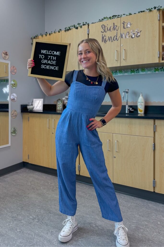 Blue Denim Overalls with Black Tee and White Sneakers