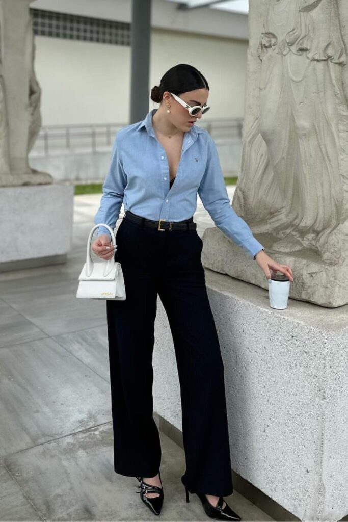 Light Blue Button-Up with Black Trousers, Belt, and Heels